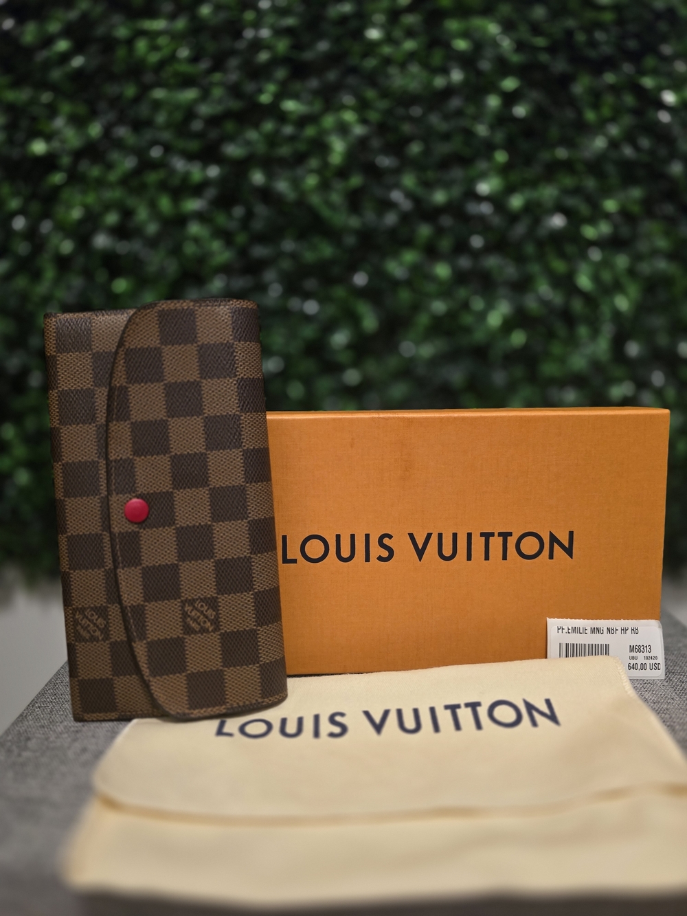 Louis Vuitton Damier Ebene Emilie Wallet - Brown with Red Snap - Picture 5 of 8